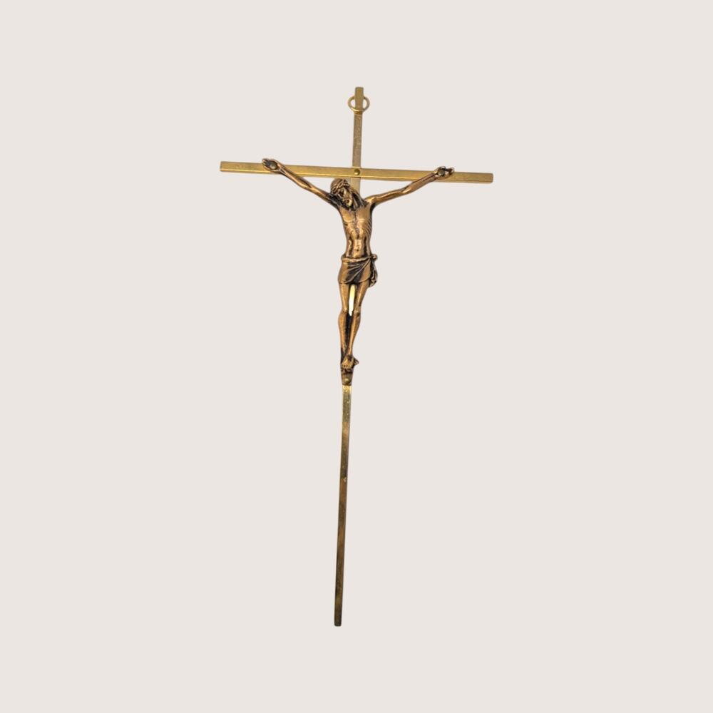 1960s Unmarked Brass Colored Metal Minimalist Crucifix Wall Hanging